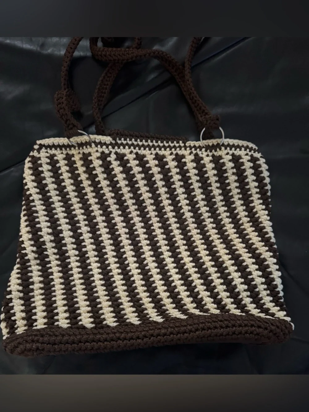 Hand-Crocheted Brown & Cream Tote Bag - Picture 6 of 7